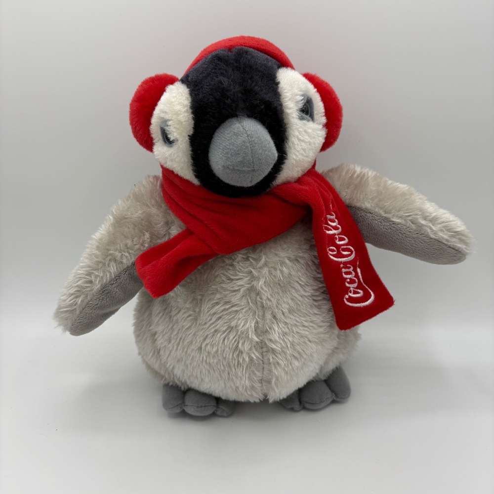 Coca-Cola Plush Penguin 10in Grey White Red Scarf Earmuffs 2015 Holiday Toy